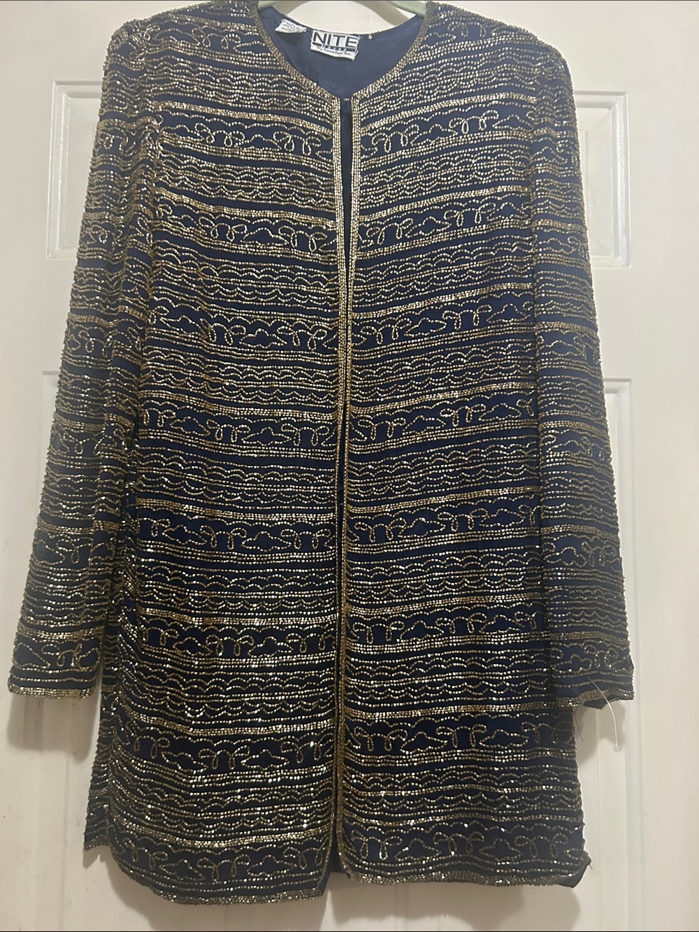 Nite Waves Silk Navy and Gold Beaded Long Jacket Samir Sari VINTAGE